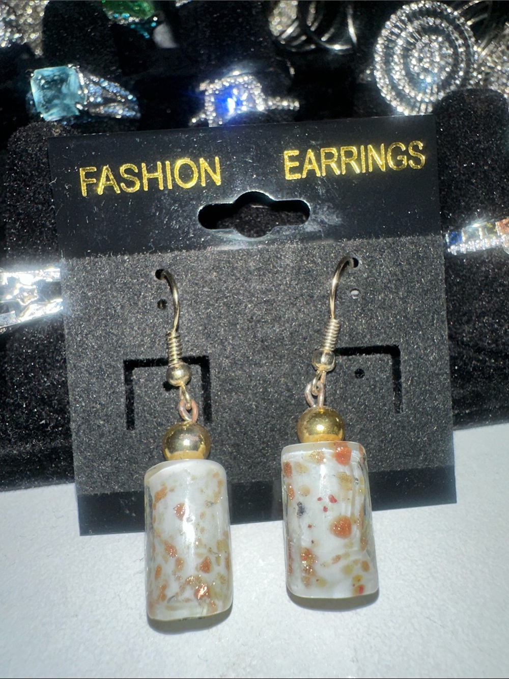 Earrings Gold and White Speckled Resin Drop Earrings